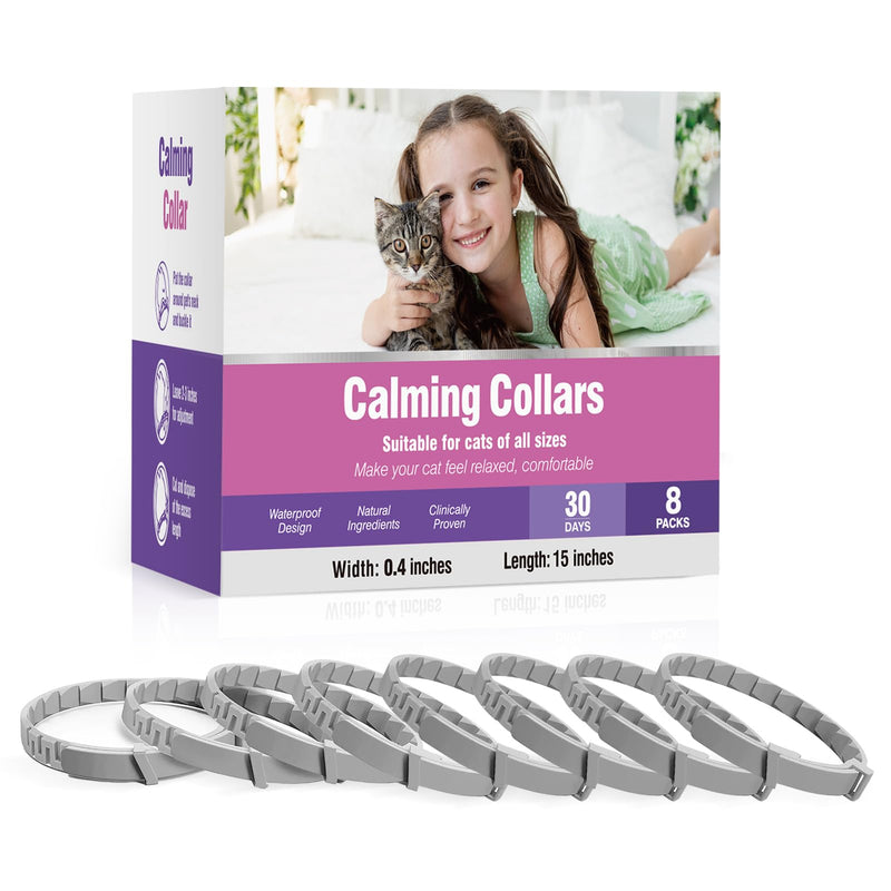 Calming Collar for Cats 8 PK Cat Stress and Anxiety Relief Pheromone Collar for Cats Anti Aggression for Cats Cat Meowing Stopper Cat Calming Collars for 30 Days Adjustable Waterproof Rapid Effect Grey
