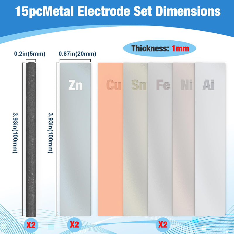 15 Pc Metal Electrodes Set Electrode Strips Kit Metal Strips Shim Stock Zinc Iron Copper Nickel Tin Aluminum Copper and Carbon for Scientific Experiments Electroplating Plating 15