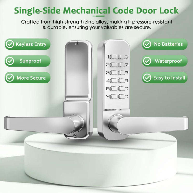 High-Security 12 Digit Keypad Mechanical Door Lock - Keyless Entry, Mechanical Code Lock with Handle, Waterproof & Rustproof, No Battery, Easy to Install, Silver, BH-MDLS0030102 Satin Chrome