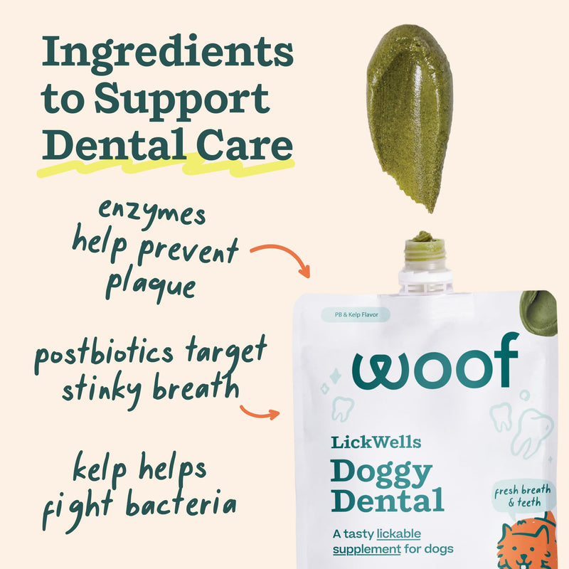 WOOF LickWells Doggy Dental - Teeth Cleaning Supplement and Breath Freshener for The FlipMat and LickMat - Postbiotic Squeezable Dog Treats to Support Oral Health for Dogs - 12 oz PB & Kelp Flavor.