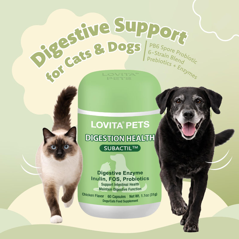 LOVITA Pets Digestive Health Probiotic for Dogs & Cats, SUBACTIL PB6 Spore Probiotic, 6-Strain Blend with Prebiotics (Inulin & FOS) and Digestive Enzymes, Chicken Flavor, 60 Capsules