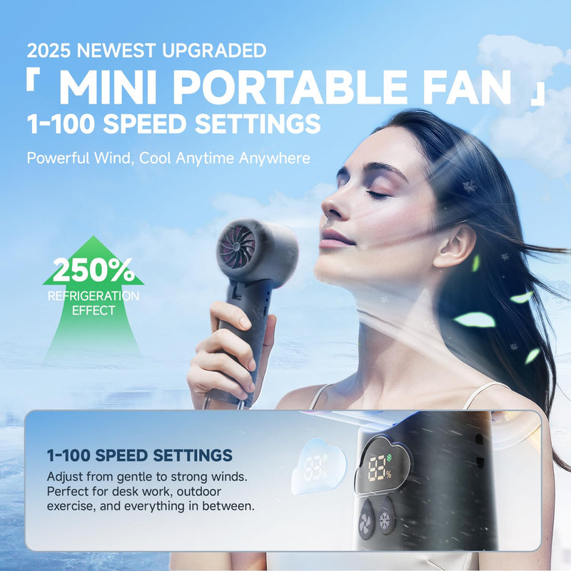 [2025 Upgrade] Portable Cooler Handheld Fan, [Coldest Turbo Hand Fan] 15000RPM 24H Max Cooling Time Highly Speed (1-100) Hand Fan, Collapsible Mini Small for Travel, Office (Grey) grey