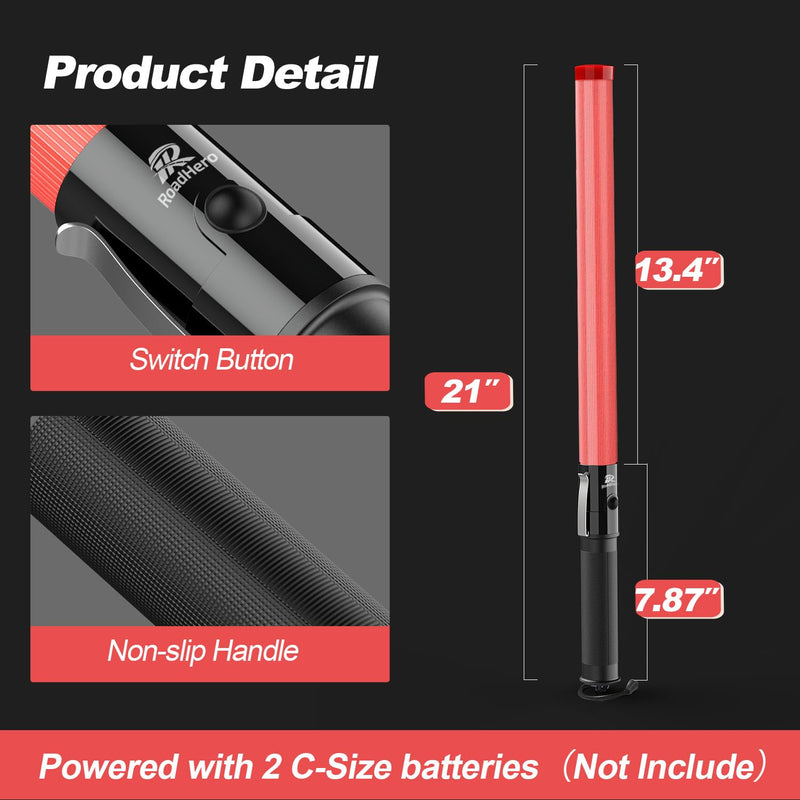 RoadHero 4 Pack Traffic Wand, 21 Inch Led Traffic Control Baton, Safety Light Wands with 2 Flashing Modes, Air Marshaling Signal Wand with Side Clip for Airport, Parking, Car Directing Red