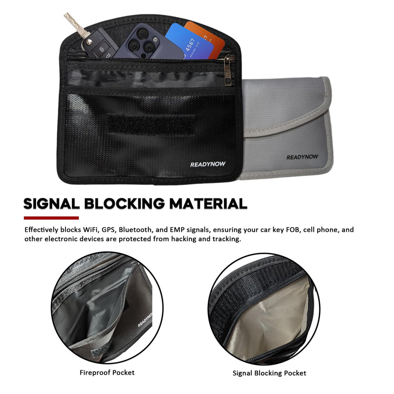 (2-Pack) Fireproof Faraday Bags Pouch, Cell Phone Anti-Tracking, Anti-Theft Keyless Car FOB Protection, Signal Blocker Shielding Zipper Pocket, Dual Pocket Design, Waterproof