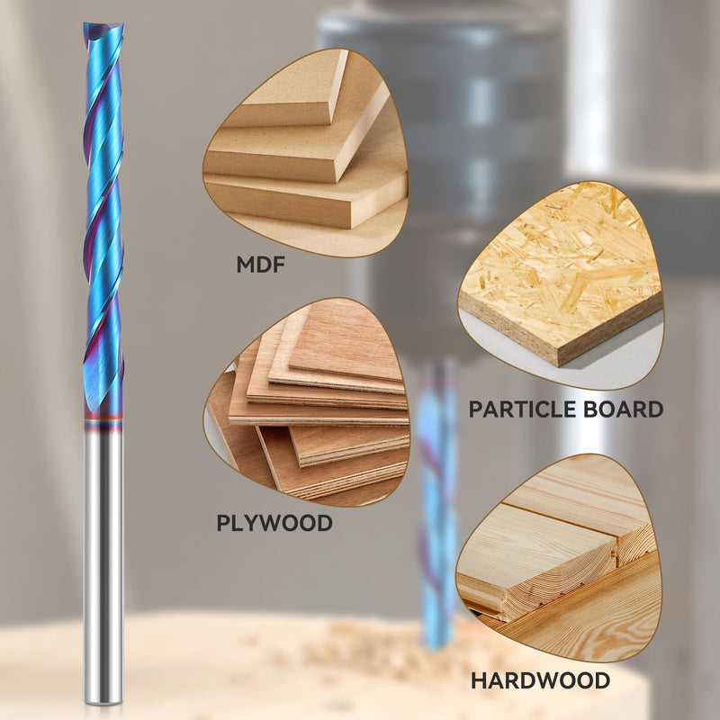 HQMaster Extra Long Spiral Router Bit Upcut 1/4 Inch Shank Solid Carbide CNC Router Bit with Nano Blue Coating CNC Bits End Mill for Woodwork Mortise Slot Trim 1 Pack Up Cut 1/4”Dia x 2”CL x 4”OAL