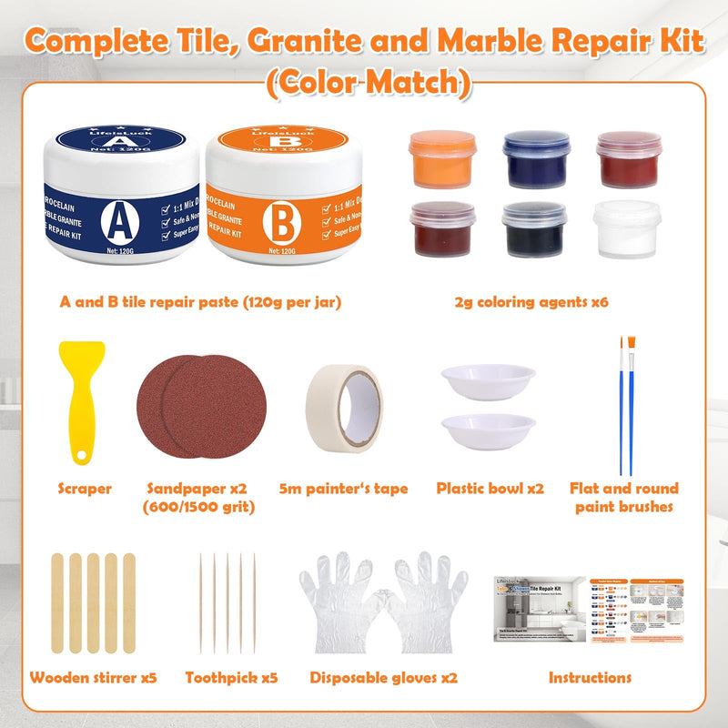 Marble and Granite Countertop Repair Kit, 4.2 OZ Ceramic Tile Chip Repair Kit Marble Scratch Remover, Porcelain Stone and Quartz Countertops Repair for Tile Cracks, Holes, Dents, Chipped Edges Corners
