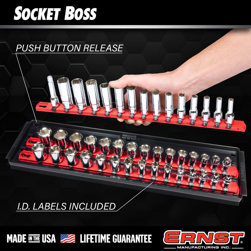 Ernst Manufacturing 8481 Socket Boss 3-Rail Multi-Drive Socket Holder Tray for Toolbox, Twist-Lock Secures Sockets, Green, Socket Holder Socket Clips for SAE, Metric Socket Sets - Made in USA 18-Inch