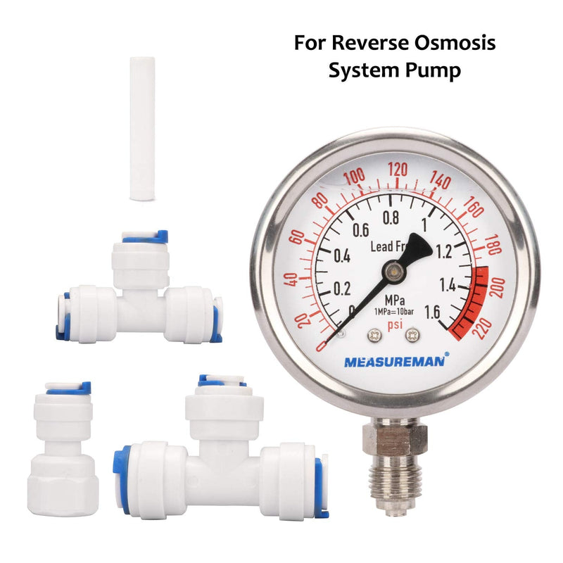 MEASUREMAN Lead-Free Glycerin Filled Reverse Osmosis Pressure Gauge, Purified Water Pressure Gauge, 2-1/2" Dial Size 1/4" Lower Mount, 0-220Psi/Mpa, with PU Tube Connection 0-220 psi with PU Tube Connection