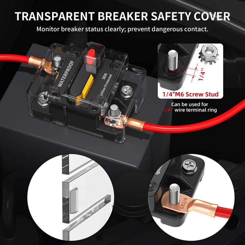 DaierTek 50 Amp Circuit Breaker 2-Pack with Transparent Cover Waterproof Marine Circuit Breaker 12V - 48V Resettable Inline Fuse Switch, 12 Volt 50A Breaker for Boat Trolling Motor Car Automotive 50A with Cover