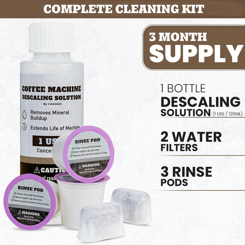 3 Month Brewer Care Cleaning Maintenance Kit Compatible with Keurig Coffee Makers | 1 Bottle Descaling solution| 3 Rinse Pods| 2 Water Filters