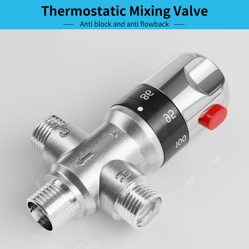FUGO 1/2 NPT Thermostatic Mixing Valve,Water Mixing Valve with 1/2 NPT Male Connections,Solid Brass,Chrome Gray