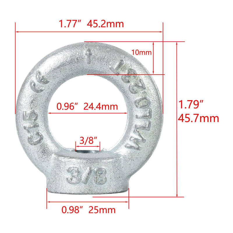 3/8"-16 Lifting Eye Nuts, Drop Forged C15 Galvanized Threaded Fastener, UNC Standard Ring Shape Lifting Eye Nut, 4 Packs 3/8"-16