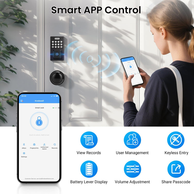 KNOBWELL Fingerprint Door Lock, Passage Door Knob, Black Keyless Entry Electronic Keypad Deadbolt Smart Front Door Lock Set Square Deadbolt