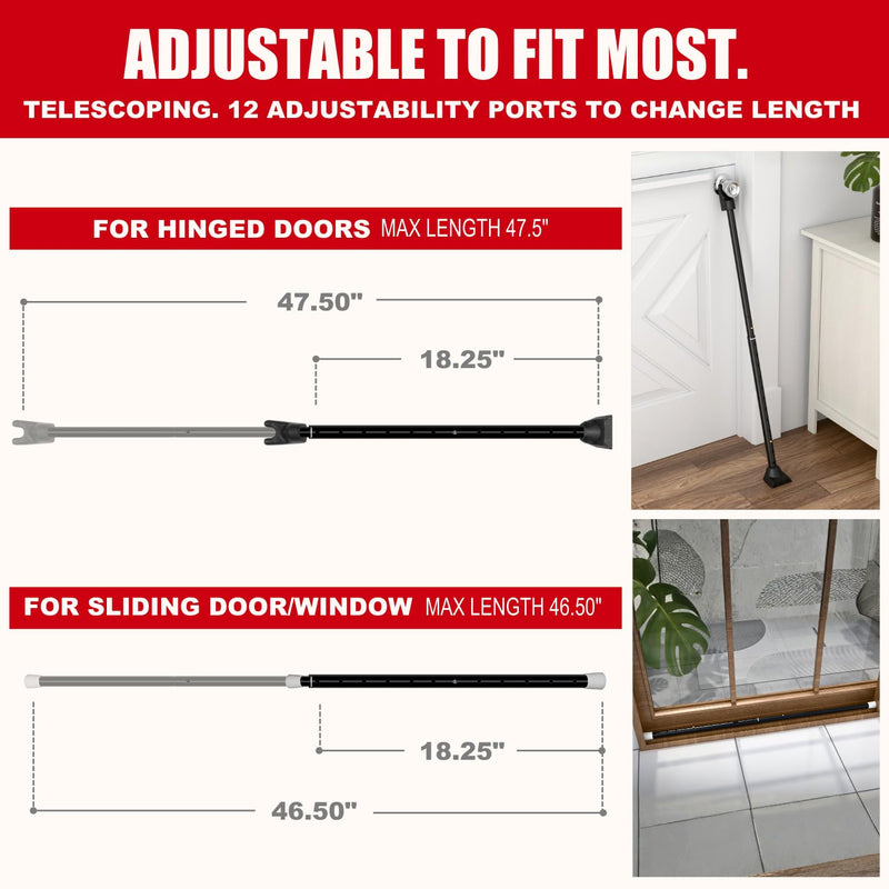 SECURITYMAN 2-in-1 Door Security Bar & Sliding Patio Door Security Bar (2 Pack) via Interchangeable Caps - Heavy Duty Iron Construction Door Stoppers Lock for Home, Apartment, Travel Hotel - Black 2 Pack