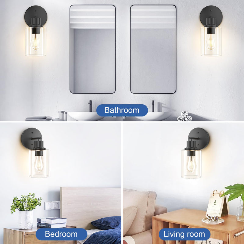 1-Light Bathroom Wall Sconce, Matte Black Vanity Light, Modern Wall Light Fixture with Clear Glass Shade and E26 Bulb Base, Wall Lamp Wall Mount Light Fixtures for Mirror, Bedroom, Hallway 1-Light
