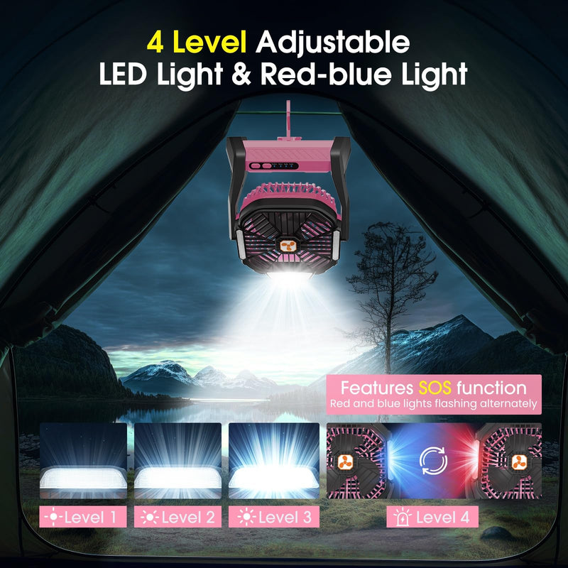 Portable Rechargeable Fan, 20000mAh Cordless Battery Powered Camping Tent Fans with SOS & LED Lantern, Small USB C Operated Outdoor Ventiladores for Travel Camp Fishing Office Home Essentials L Pink