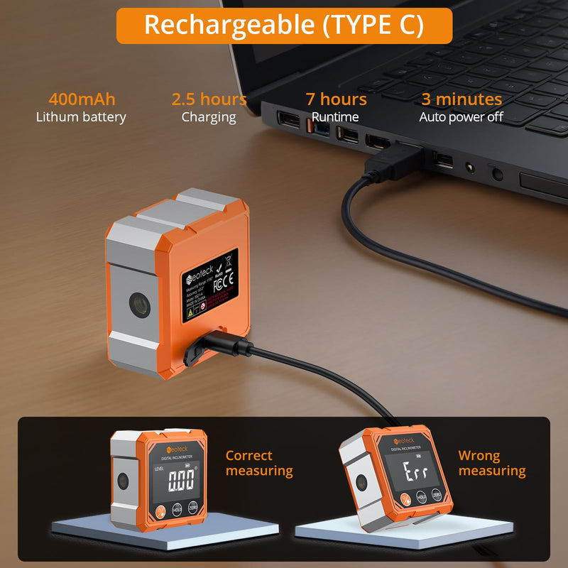 Neoteck 4-Side Magnetic Digital Angle Finder with Laser (Class 2,<1mW Output) 4x90°Angle Finder Tool Rechargeable Digital Angle Gauge with Backlight Screen Digital Laser Level for Hanging Construction