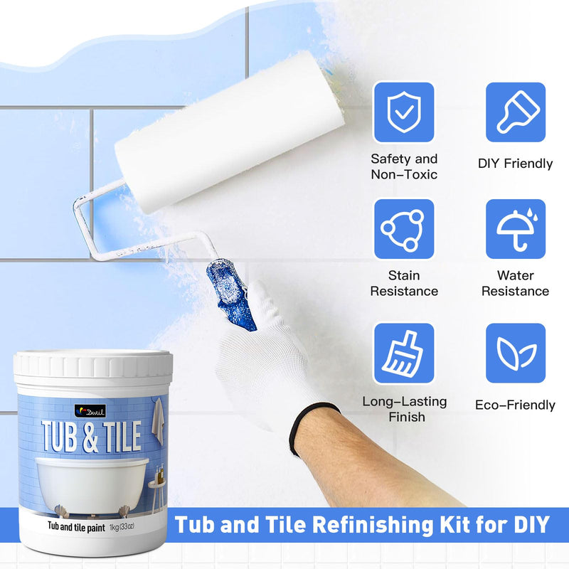 Tub and Tile Paint, Tub and Tile Refinishing Kit with Hardener, Tile Paint and Tub Refinishing Kit Bathtub Paint Water Based &Low Odor, Sink Paint for Bathroom Kitchen, Semi-Gloss White, 25-30sq.ft White-No tool