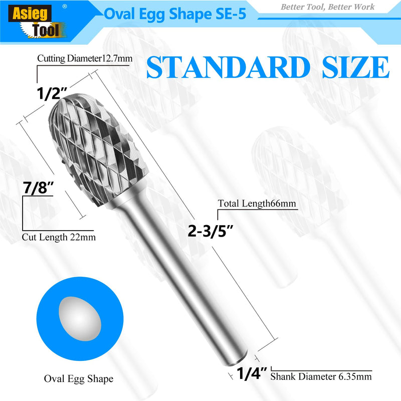 SE-5 Tungsten Carbide Burr Rotary File Oval Egg Shape Double Cut with 1/4''Shank for Die Grinder Drill Bit SE-5