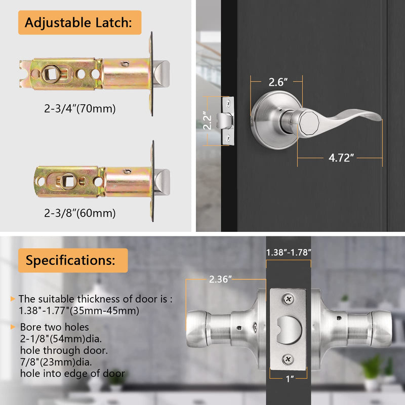 Probrico Wave Passage Door Lever Satin Nickel Keyless Handle for Hall and Closet, Interior Non-Locking Leverset 1