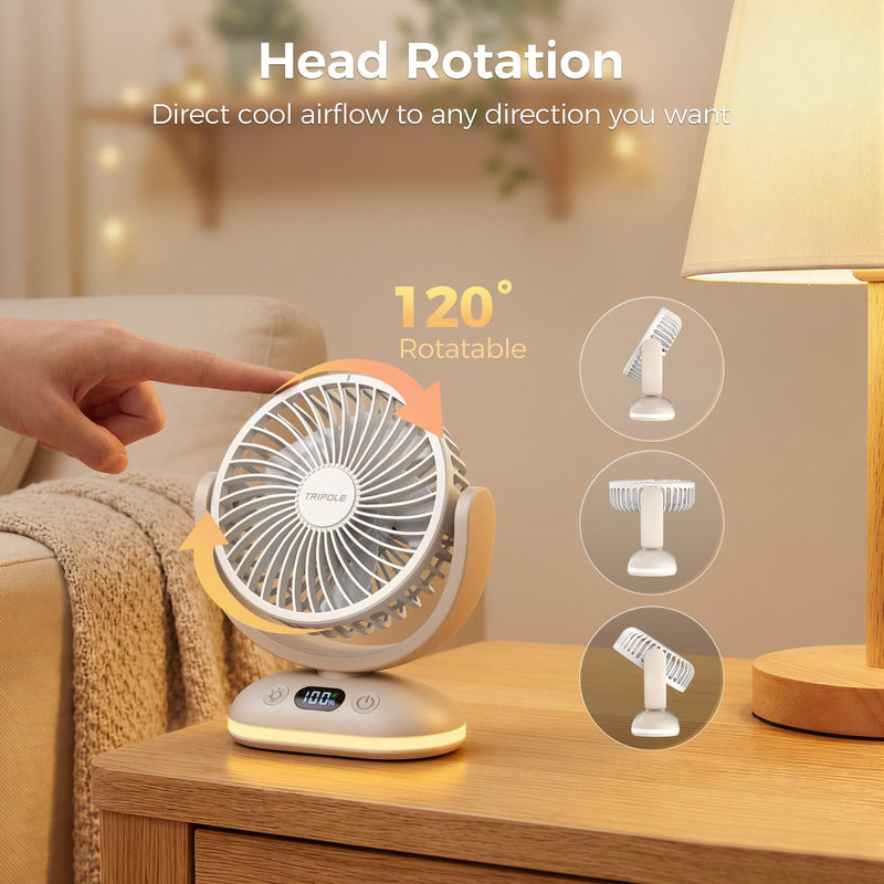TriPole Desk Fan Small Quiet, Rechargeable Mini Portable Fan with LED Light Beige