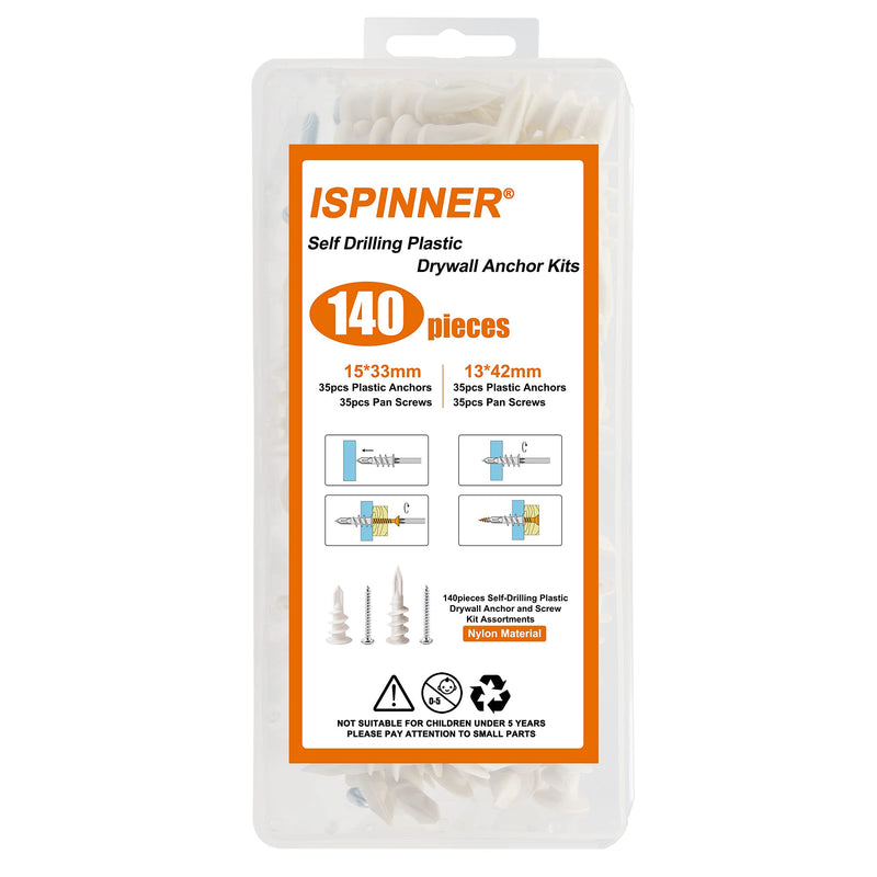 ISPINNER 140pcs Plastic Drywall Anchors Self Drilling Hollow Wall Anchors with Screws Assortment Kit (13x42mm + 15x33mm)