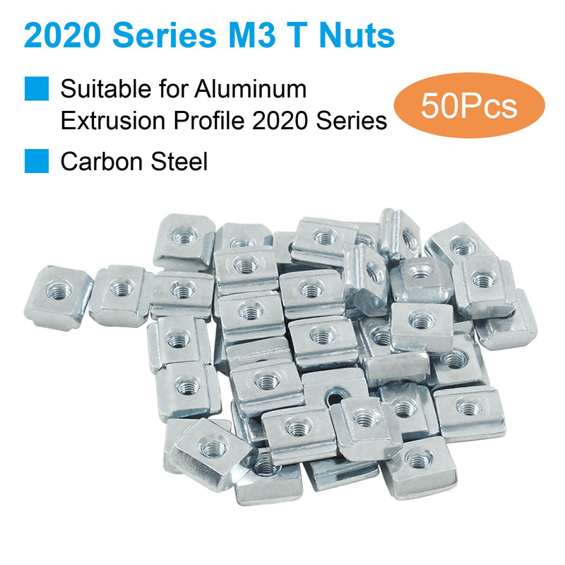 50Pcs 2020 Series Sliding T Nuts Carbon Steel,M3 T Slot Nut Hammer Head,M3 T Sliding Nuts Fastener Nut Assortment for Aluminum Profile,3D Printer,CNC Router 50 20S-M3