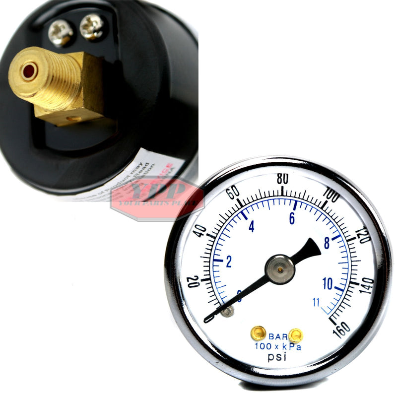 PIC Gauges 102D-158F Center Back Mount Dry Pressure Gauge w/ Black Steel Case, Brass Internals, Chrome Bezel, Plastic Lens, 1.5" Dial, 0/160 psi Range, 1/8" Male NPT 0 - 160 PSI