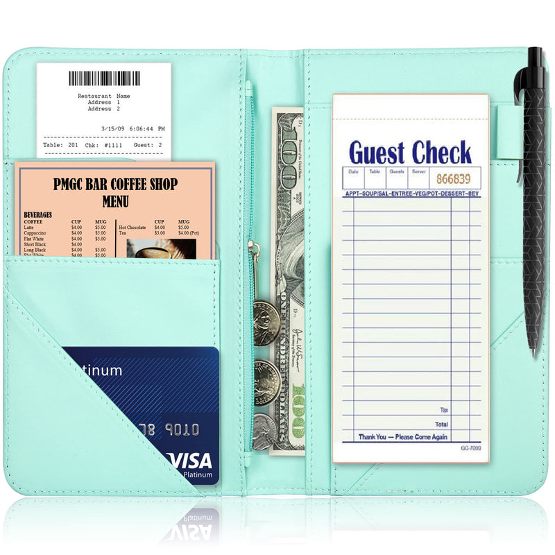 Server Book, PU Leather Server Books for Waitress, Waitress Book with 1 Zipper Pocket, Waiter Wallet with 9 Pockets and 1 Pen Holder, Server Note Pad Checkbook Fit Server Apron- Vector Leaves B
