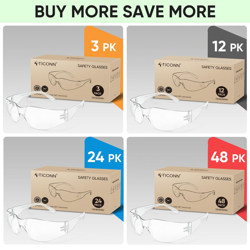 TICONN Clear Safety Glasses for Men, Safety Goggles with Scratch Impact Resistant Meets ANSI Z87.1 Standard 3 Pairs