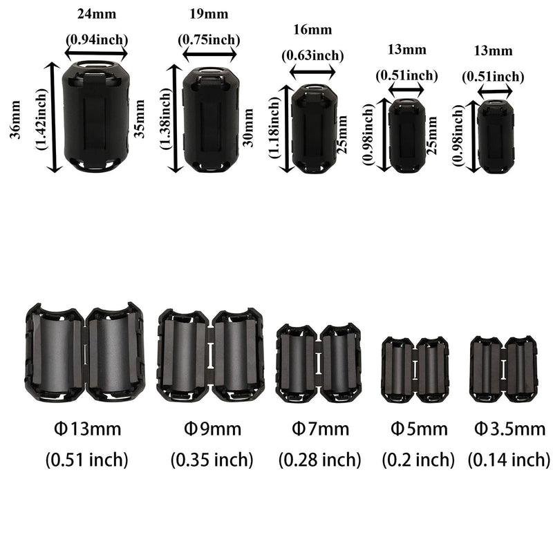 30Pcs Clip-on Ferrite Ring Core RFI EMI Noise Suppressor Cable Clip for 3.5mm/ 5mm/ 7mm/ 9mm/ 13mm Inner Diameter Telephones,Tvs,Speakers,Radio,Audio Equipment Noise Suppressor Video Cable Power Cord