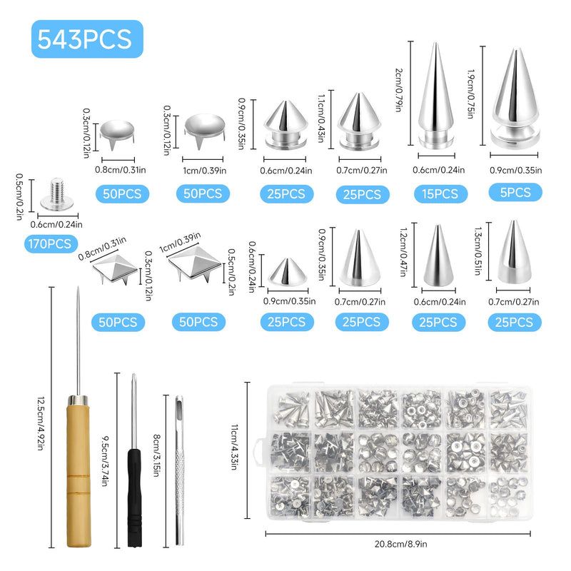 Lohoee 543 Sets Punk Studs and Spikes Kit，8 Size Cone Spikes, Square Pyramid Studs Round Leather Rivets for Leathercraft Clothing Accessories Dog Collar DIY Punk Style Decoration