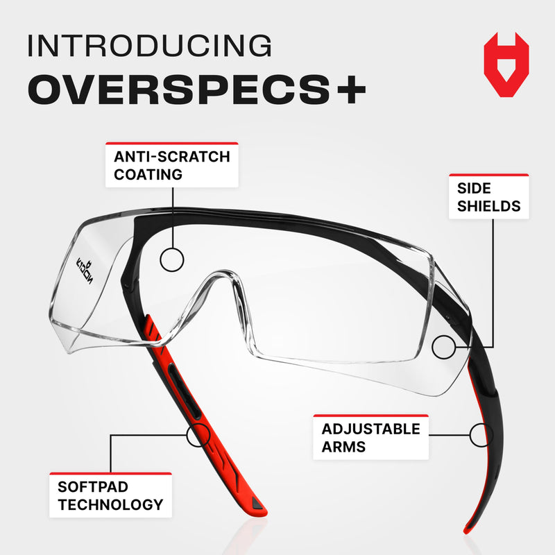 NoCry Safety Glasses Over Eyeglasses for Men and Women with Anti Scratch Lenses and Integrated Side Shields — Adjustable Temples with Anti-Slip Tips — 100% UV Protective Eyewear — ANSI Z87 Certified Black & Red Anti-Scratch