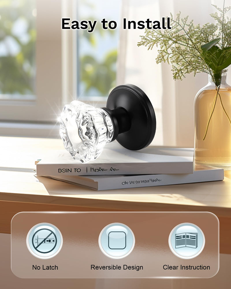 KNOBWELL 3 Pack Dummy Glass Door Knobs Interior with no Lock, Decorative Crystal Door Knobs Inside, Modern Glass Door Knob Inside in Matte Black Finish