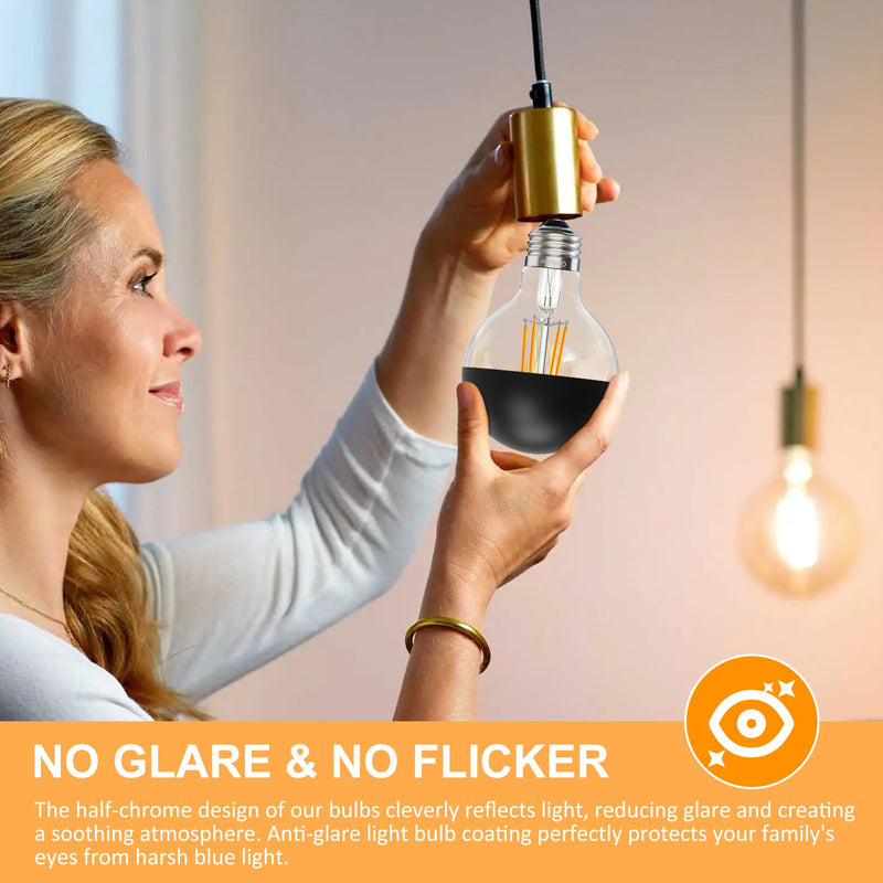 Half Chrome Light Bulb 6W (60W Equivalent), Dimmable Decorative LED Edison Bulb G80/G25, E26 3000K Soft White Globe Tipped Edison Bulbs, Globe Shape LED Bulb,E26 Base Pack of 6 G80-Black-6W-3000K