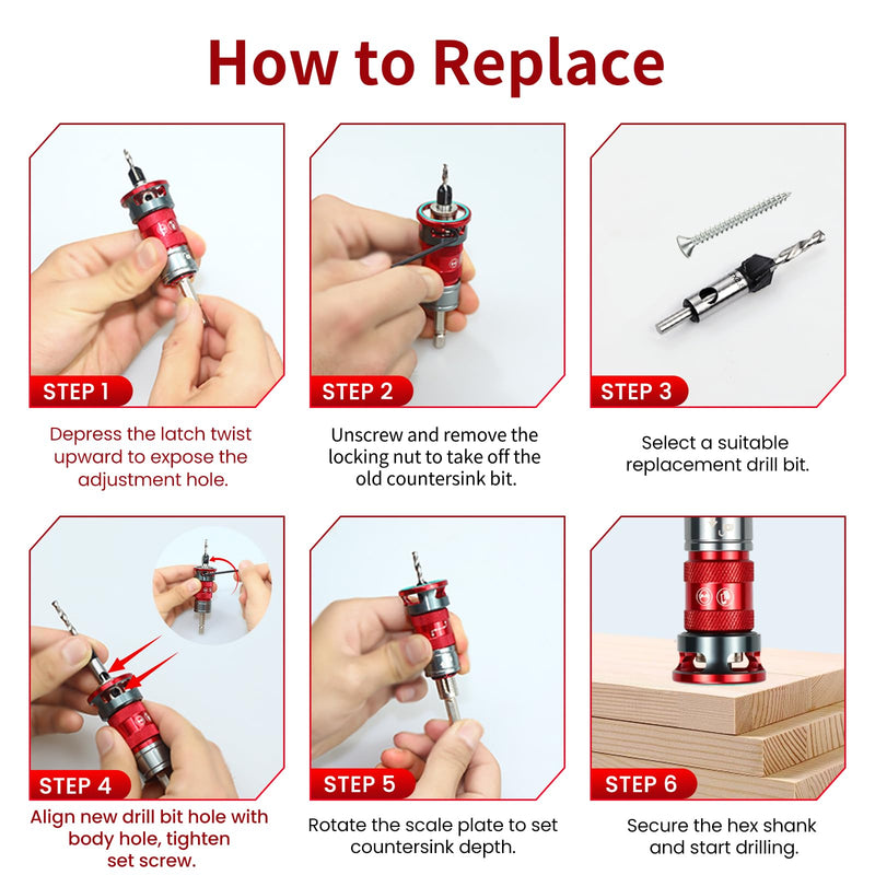 6 PCS Quick-Adjust Countersink Drill Bit Set, Auto-Locking Depth Adjustment, Auto-Stop Aluminum Alloy Collar, 5 HSS M2 Bits with 82-Degree TCT Cutters, 1/4" Hex Shank Counter Sink Drill Bit for Wood 6 PCS Quick Adjust Set