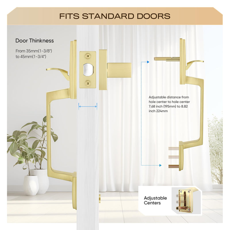 Leydebong Brushed Brass No Lock Front Door Handle Set with Reversible Lever - Exterior Door Handle Set for Right or Left Handed Doors, Front Door Handle Satin Brass