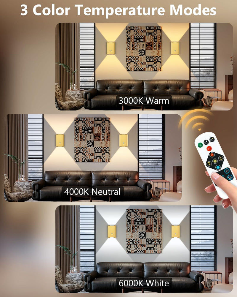 Rechargeable Motion Sensor Wall Sconce Set of 2 – 5000mAh Wireless Battery Operated Wall Light Indoor,3 Colors Up/Down Lighting Magnetic Night Light with Remote Control for Bedroom,Hallway (Gold) Gold 2 Pack