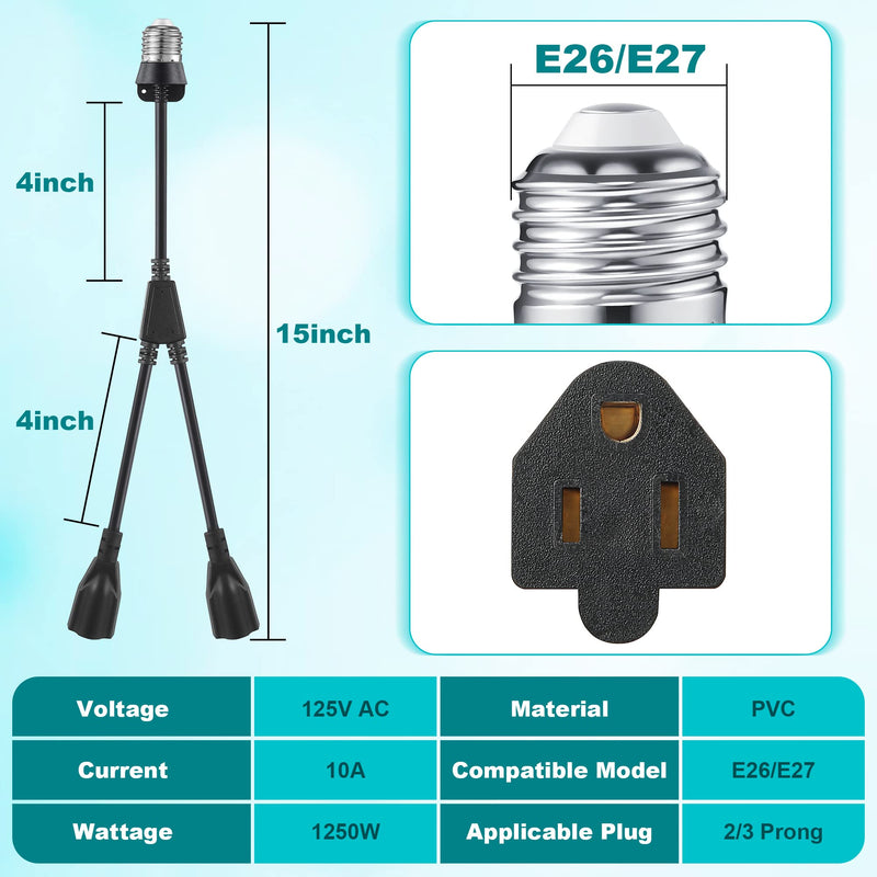 2 in 1 Light Socket to Plug Adapter, Convert E26/E27 Bulb Socket to 2 Pieces 3 Prong Outlet with Extension Cord, Flexible Light Bulb Socket Converter Suitable for Porch Patio Garage Use(Black) Black