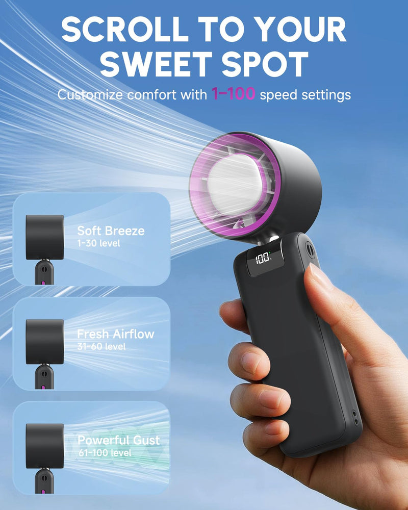 GVY Portable Handheld Fan,1-100 Speed Settings, [Up to 24H Cooling] 4000mAH Rechargeable Battery| Mini Personal Fan for Travel, Beach, Camping| Gifts for Women/Girls (Gray) Dark Grey