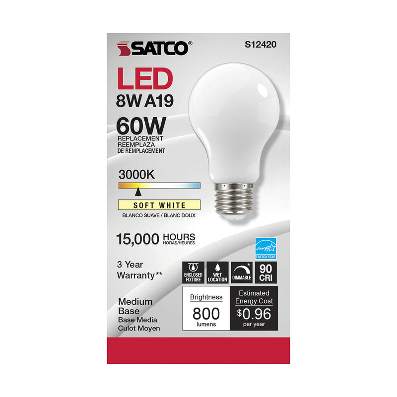 Satco S12420-8.2 Watt LED A19 Soft White Bulbs - 6