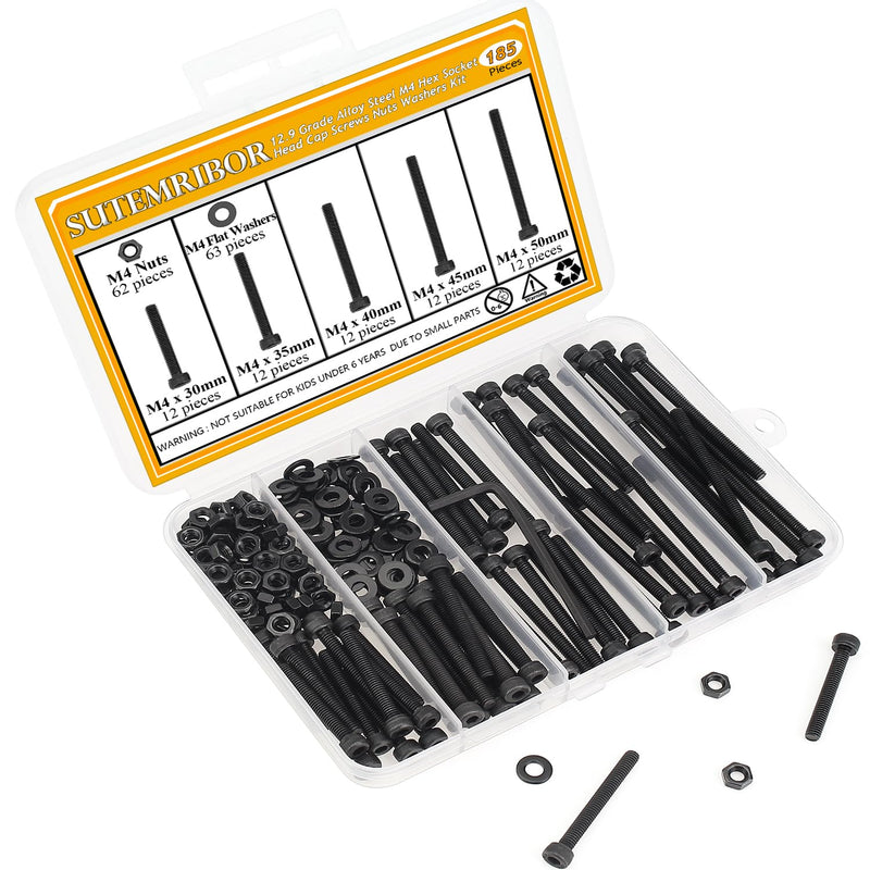 185 Pieces M4 x 30/35/40/45/50mm Hex Socket Head Cap Screws Nuts Washers Set Black, Sutemribor M4 Long Screws, M4 Black Screws Nuts Washers Assortment Kit, 12.9 Grade Alloy Steel, Fully Threaded M4 Long Screws Kit