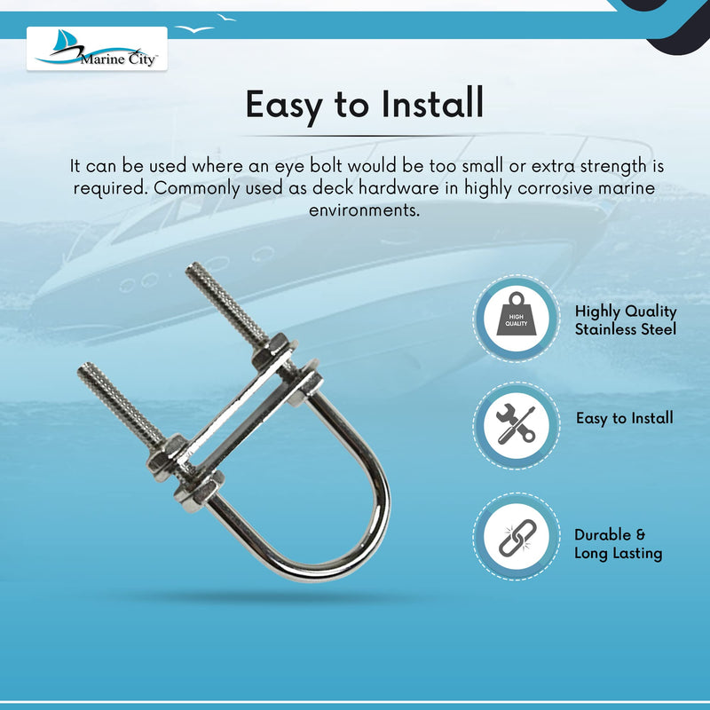 Marine City Bow Eye U-Bolt – 304 Stainless Steel, 3/16” Stock, 2-3/4” Length – Heavy-Duty Corrosion-Resistant Deck Hardware for Boats & Marine Use (Pack of 1)