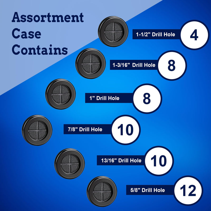 New Age America® 52pcs Rubber Grommets Kit | 5/8 Inch to 1-1/2 Inch | 6 Sizes | Black Wire Grommets | Firewall Hole Plug | Double Sided Round Rubber Hole Plug | 5/8", 13/16", 7/8", 1", 1-3/16", 1-1/2" 52 PCS | Drill Hole