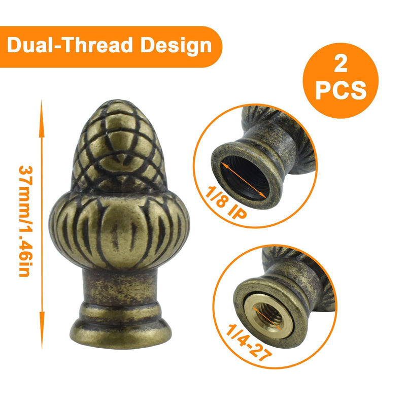 Bronze Brass Solid Lamp Finial Cap Knob Retro Lamp Finial Decoration with Dual-Thread Screw for Lamp Shade Holder Harp Tops, Fit Both 1/8 IP(3/8") and 1/4-27, 2 Pack Bronze