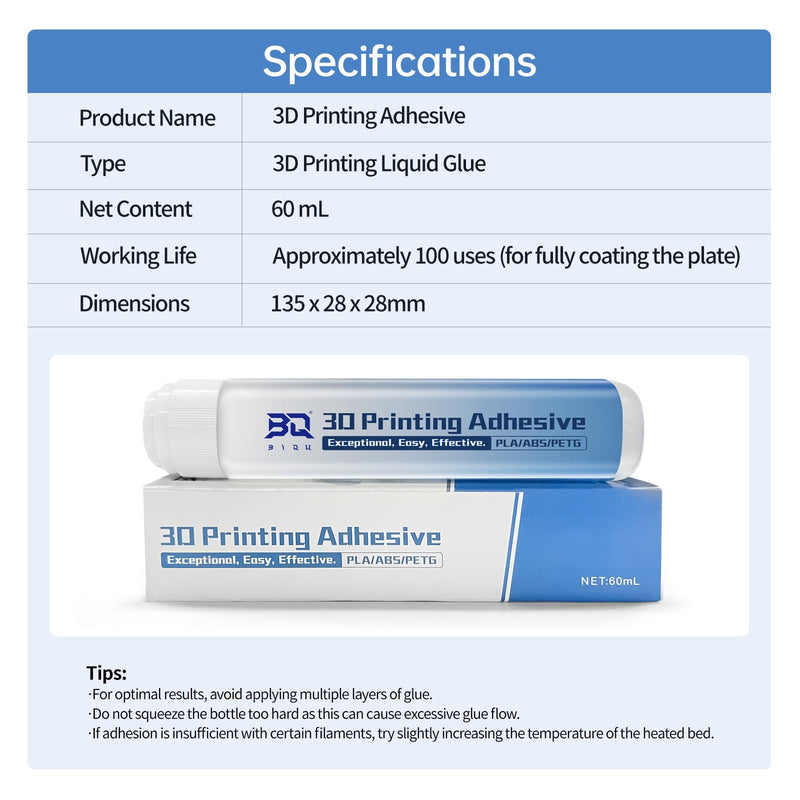 BIQU 2 Pack 3D Printer Adhesive Glue for CryoGrip/PEI Build Plate, Printer Glue Comparable Performance to Bambu-Lab Adhesive with Strong Adhesion, No Residue, for PLA/PETG/ABS/TPU/PET Filaments-60mL