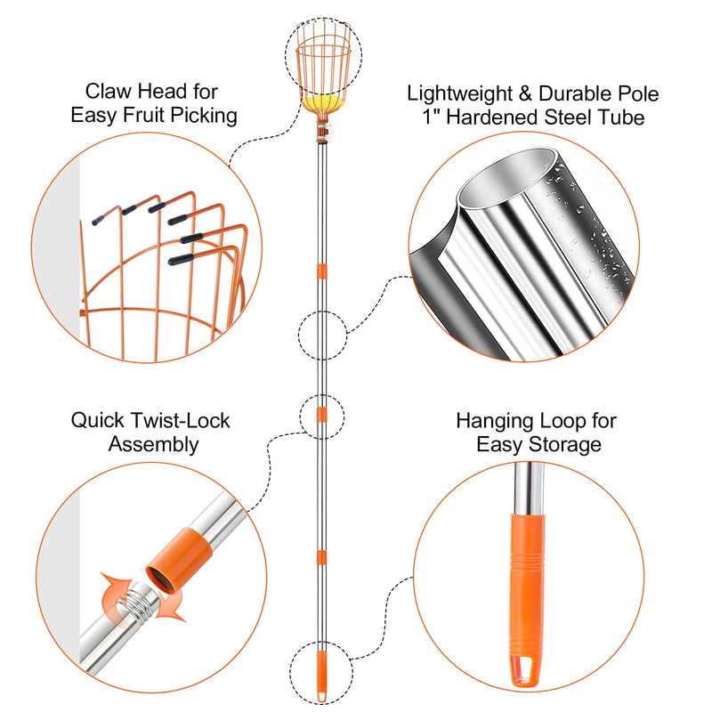 Fruit Picker Pole Tool with Basket Long Handle, 27-170 Inch Adjustable Fruits Picking Pole Tool for Apple Lemon Orange Mango Avocado Fruit Tree Picking