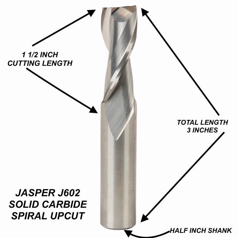Jasper J602 Spiral Up Cut Solid Carbide ½” Router Bit – Precision Ground, Razor Sharp, Industrial Grade – ½” Shank, ½” Cutting Diameter – Designed for Jasper Circle Guides 300 & 300 PRO