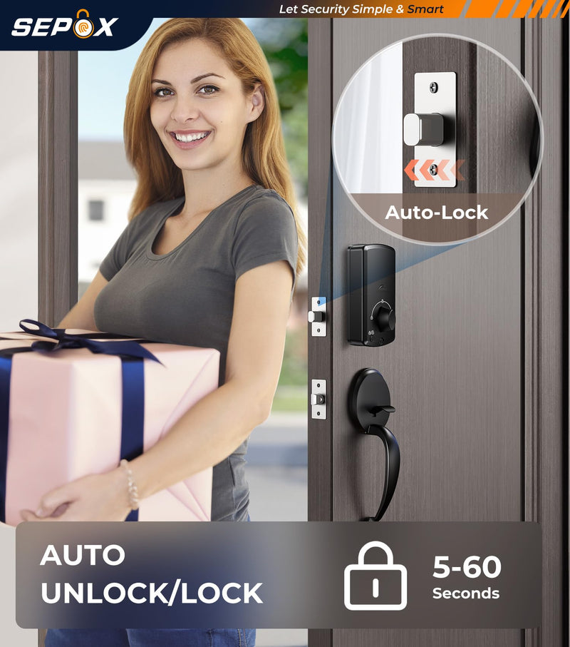 SEPOX® Smart Deadbolt Door Lock, 5-in-1 Keyless Entry (Fingerprint, Bluetooth, WiFi, Tuya APP, Key) Auto Lock/Unlock, Front Gate & Bedroom Compitable, Upgrade Lever & Knob, Unique & Universal Design Matt-Gun-Black 1 Piece