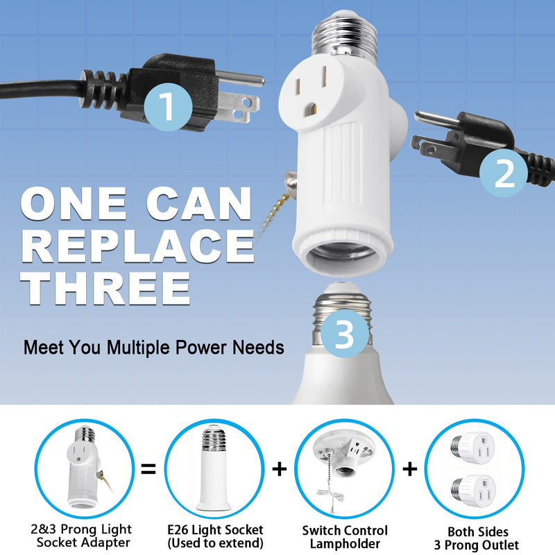 Light Socket to Plug Adapter, (2 Pack) Both Sides 3 Prong Light Bulb Outlet Socket Adapter, Heat-Resistant Materials Light Socket Adapter, Light Bulb Plug Adapter for Expansion Socket - White 2